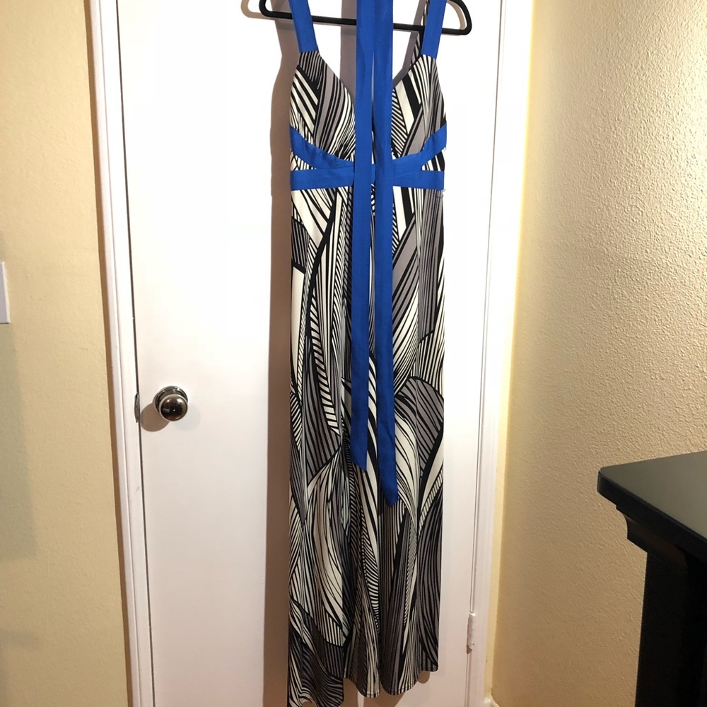 Black and White Patterned Dress with Blue Trim